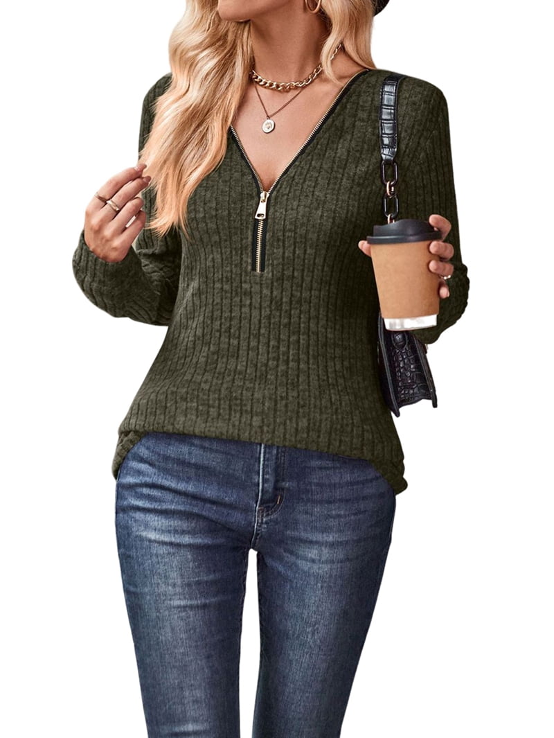 MissFitTribe Ribbed Quarter Zip Tunic Sweater for Women, Army Green