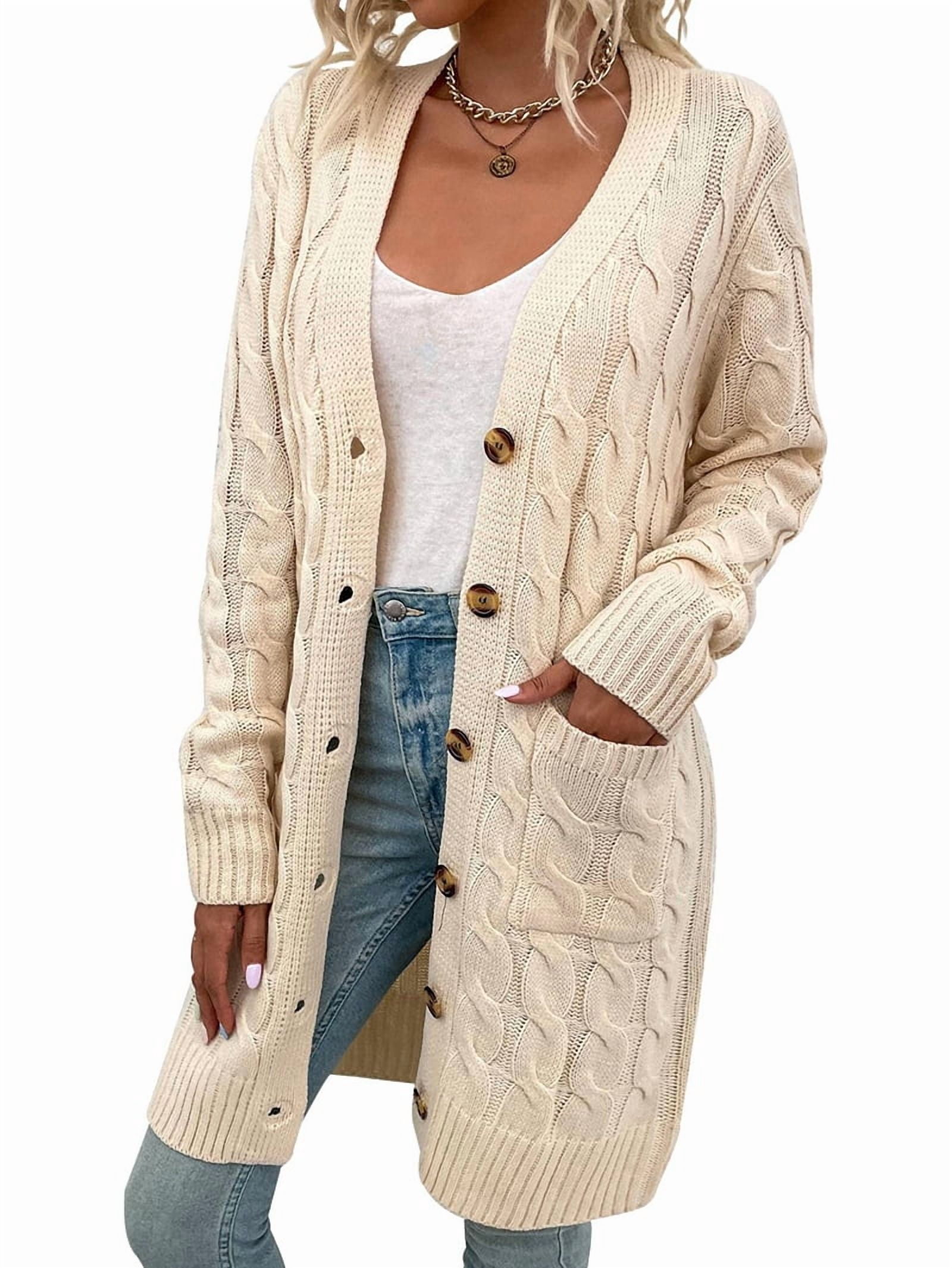 MissFitTribe Long Cable Knit Button Cardigan for Women, Cream White