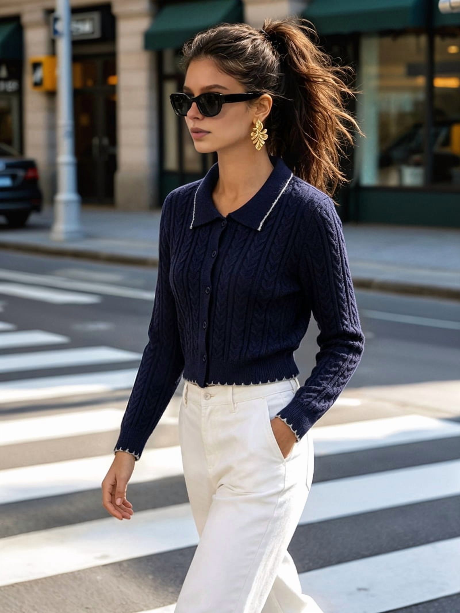 MissFitTribe Collared Cable Knit Cardigan with Scalloped Trim for Women, Navy (photo 4)