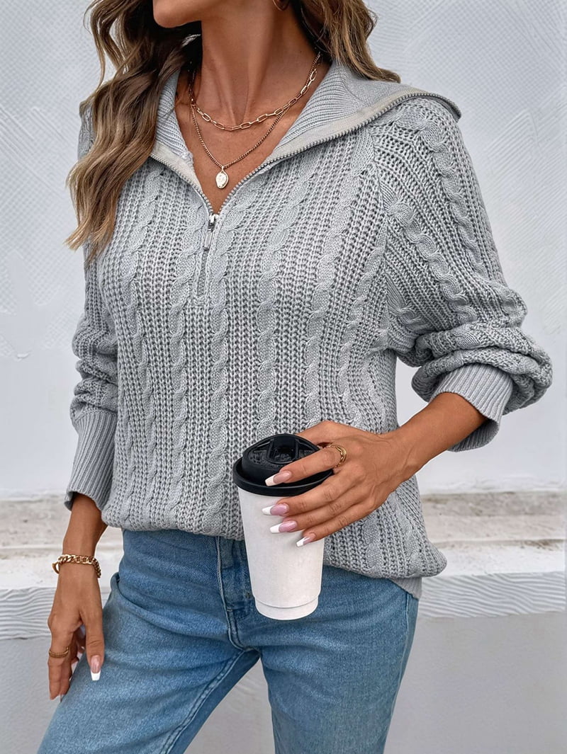 MissFitTribe Cable Knit Quarter Zip Sweater with Wide Collar for Women, Light Gray (photo 5)