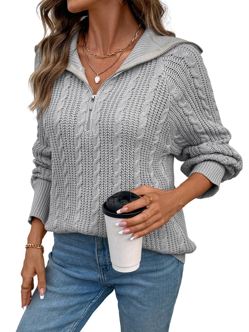 MissFitTribe Cable Knit Quarter Zip Sweater with Wide Collar for Women, Light Gray (photo 2)