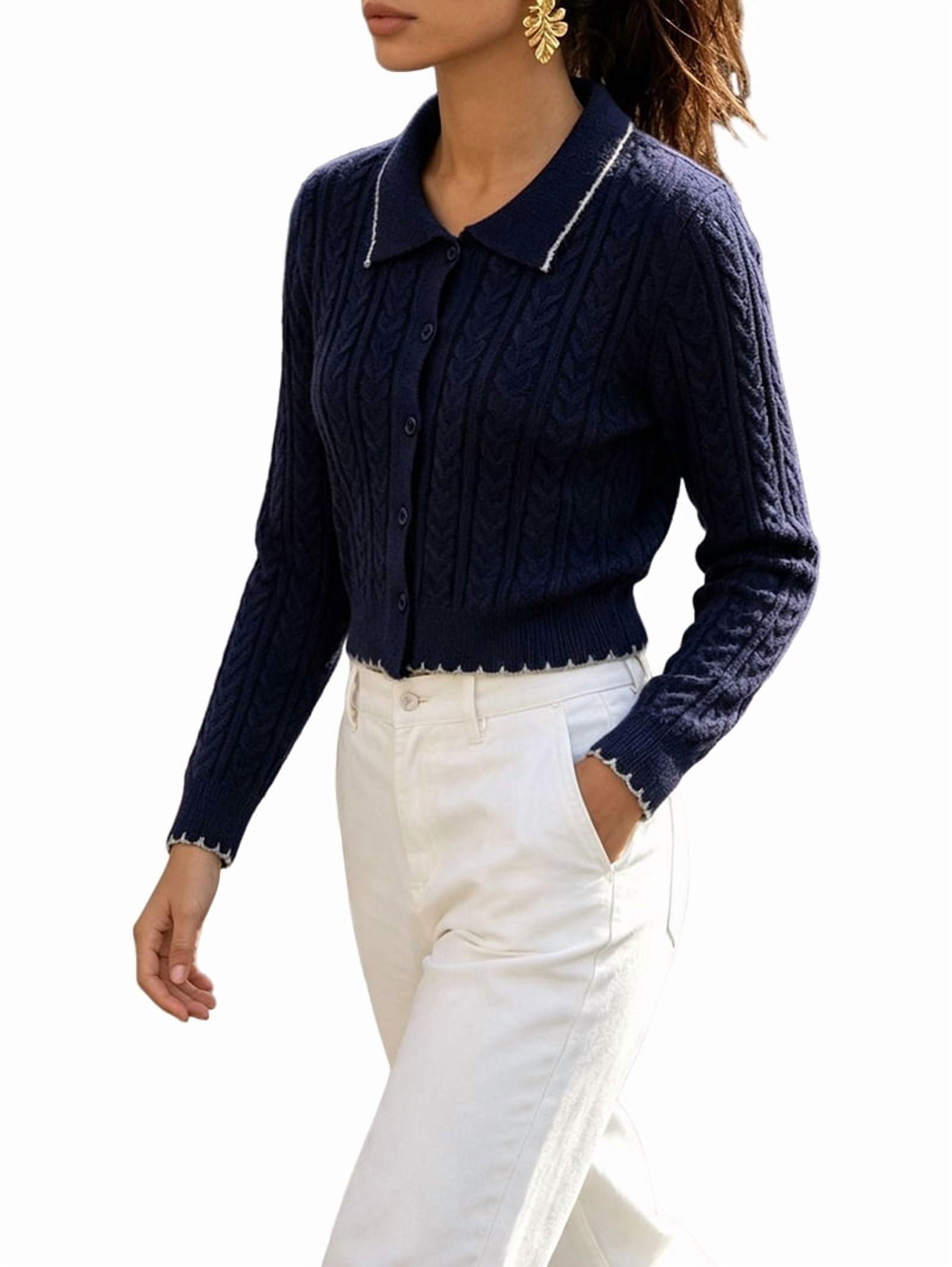 MissFitTribe Collared Cable Knit Cardigan with Scalloped Trim for Women, Navy (photo 3)