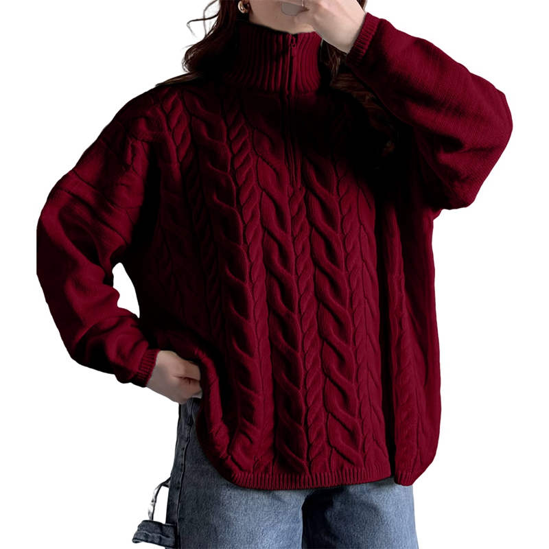 MissFitTribe Cable Knit Quarter Zip Sweater for Women, Wine Red (photo 2)