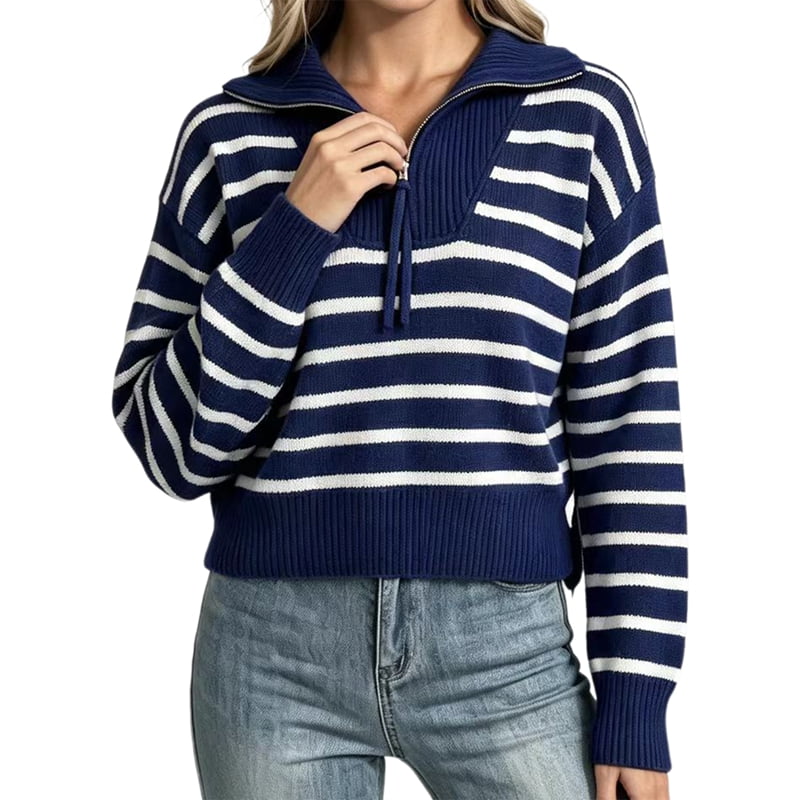 MissFitTribe Striped Half Zip Stand Collar Sweater for Women, Navy/White