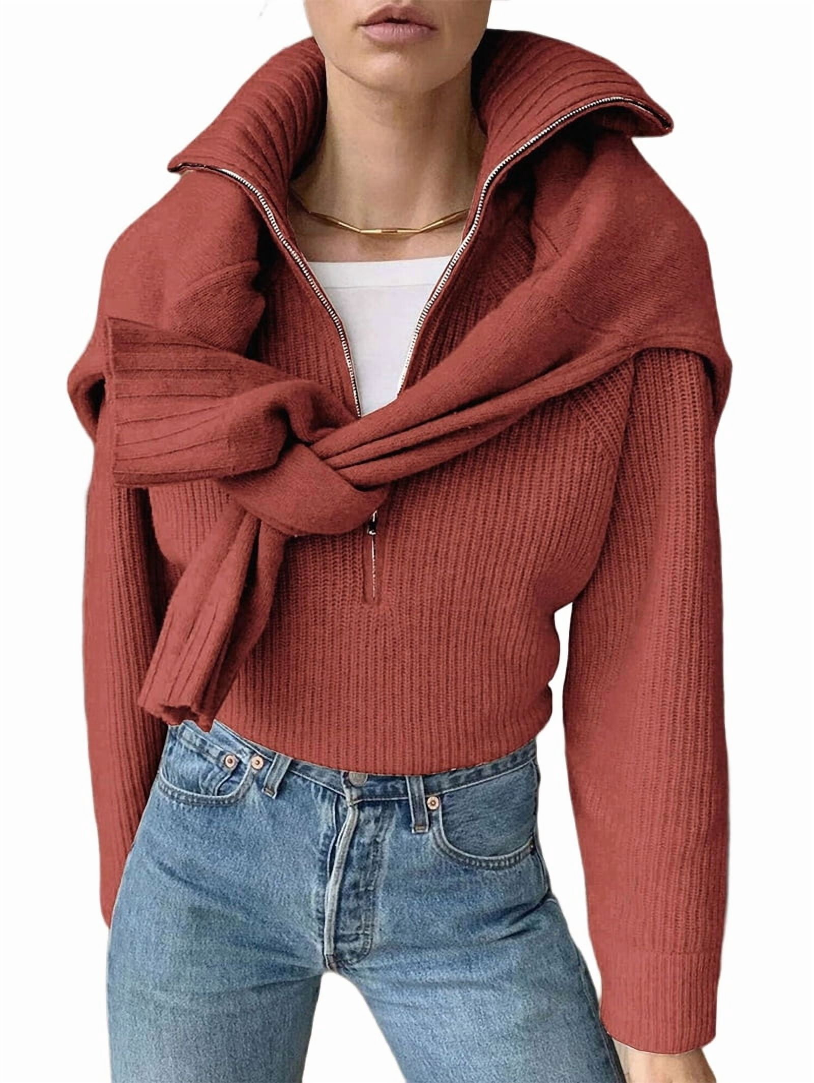 MissFitTribe Stand Collar Quarter Zip Sweater for Women, Copper Red (photo 2)