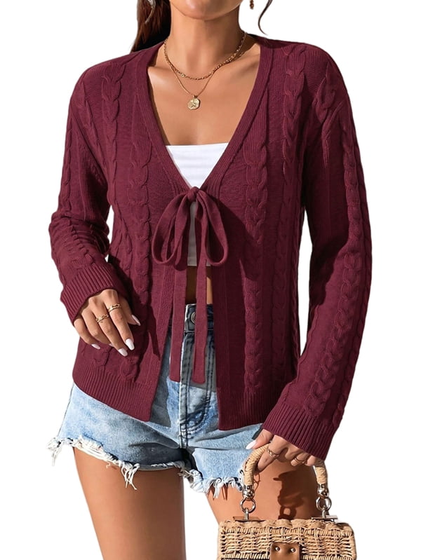 MissFitTribe Tie Front Cable Knit Cardigan for Women, Wine Red