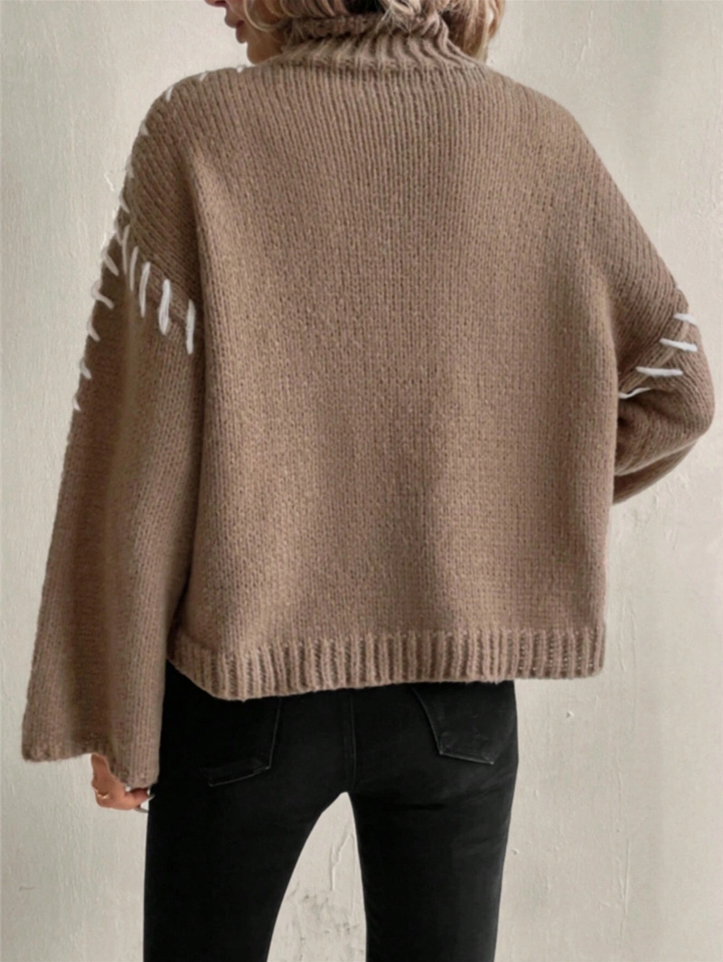 MissFitTribe Stitched Bell Sleeve Mock Neck Sweater for Women, Dark Khaki (photo 7)