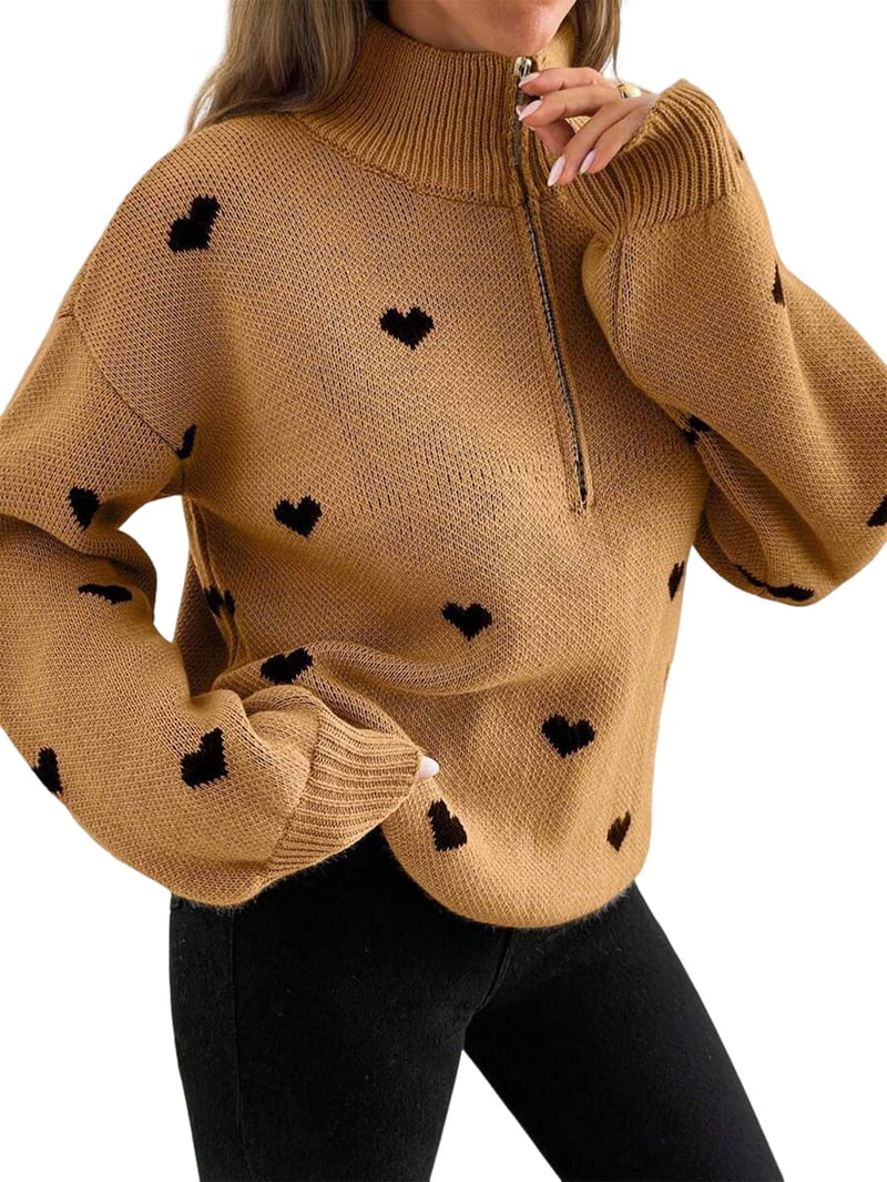 MissFitTribe Heart Pattern Half Zip Sweater for Women, Caramel (photo 2)