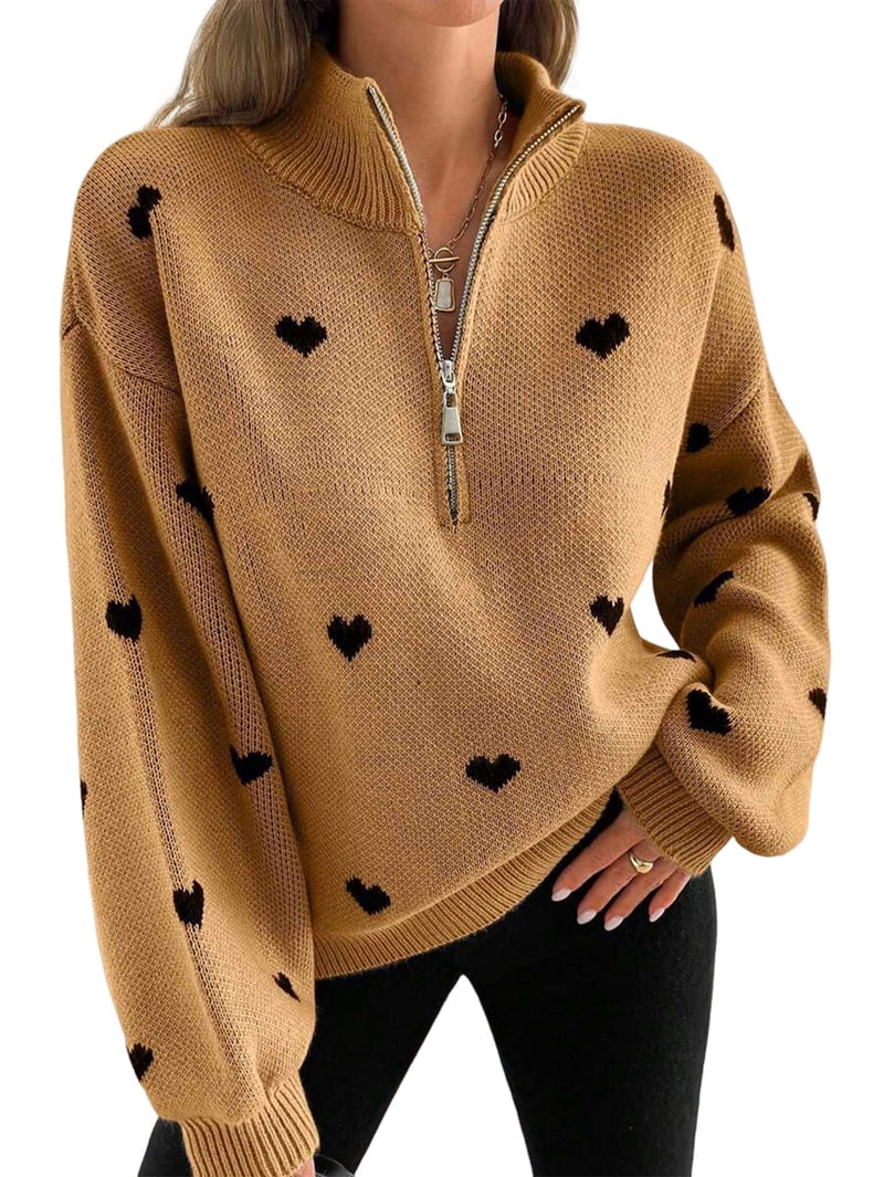 MissFitTribe Heart Pattern Half Zip Sweater for Women, Caramel