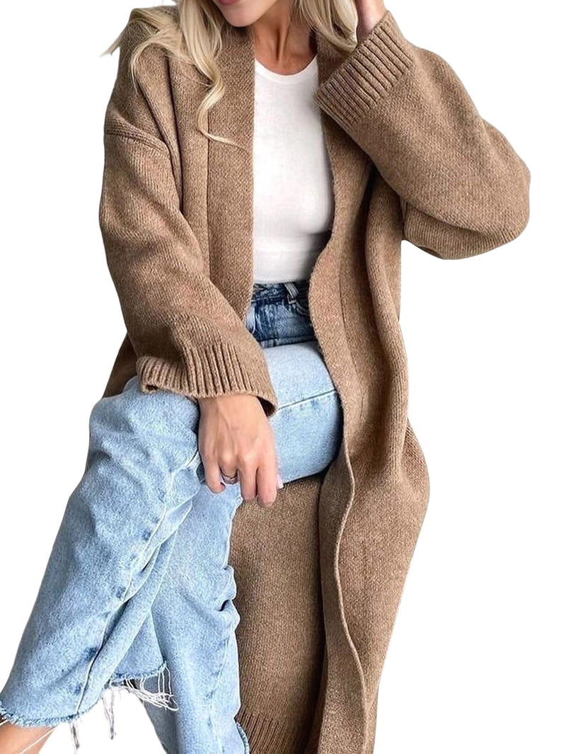 MissFitTribe Knee Length Chunky Open Front Cardigan for Women, Camel (photo 2)