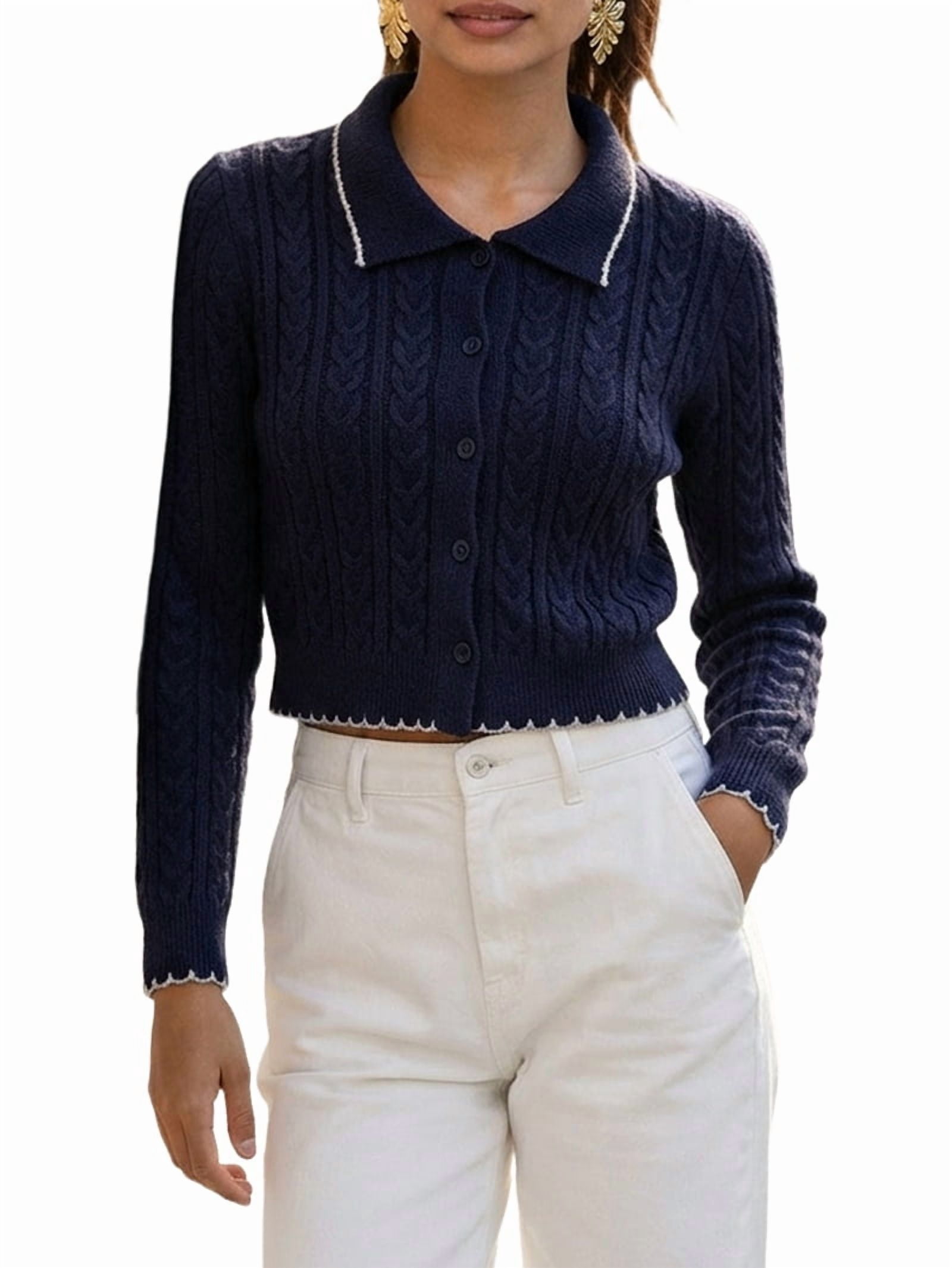 MissFitTribe Collared Cable Knit Cardigan with Scalloped Trim for Women, Navy