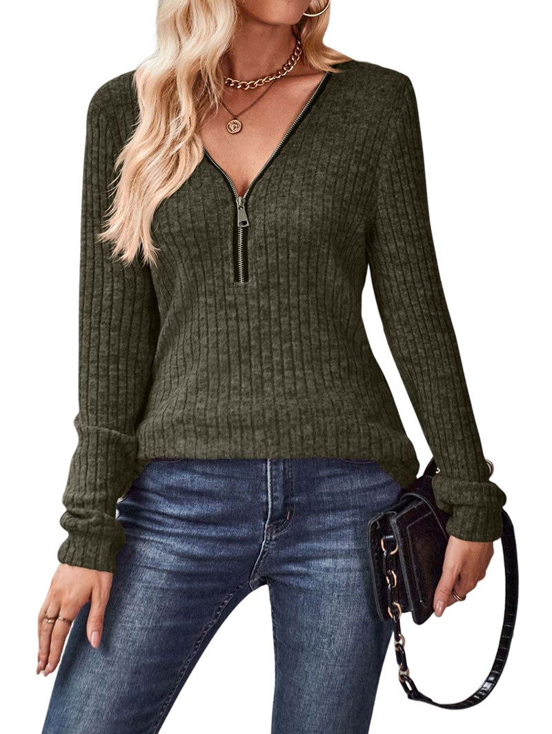MissFitTribe Ribbed Quarter Zip Tunic Sweater for Women, Army Green (photo 2)