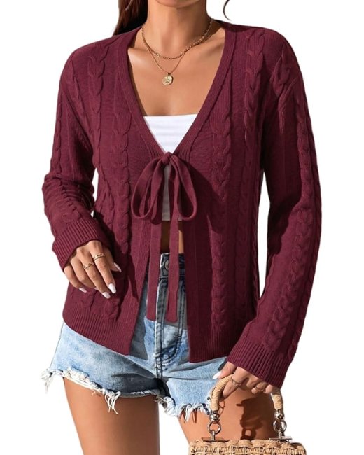 Wine red tie front cable knit cardigan