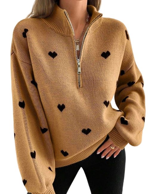 Caramel half zip sweater with a heart pattern