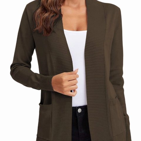 Shawl collar cardigan with pockets, Olive Brown