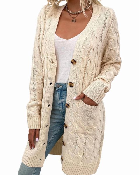 Long cable knit cardigan, Cream White