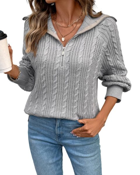 Wide collar cable quarter zip, Light Gray
