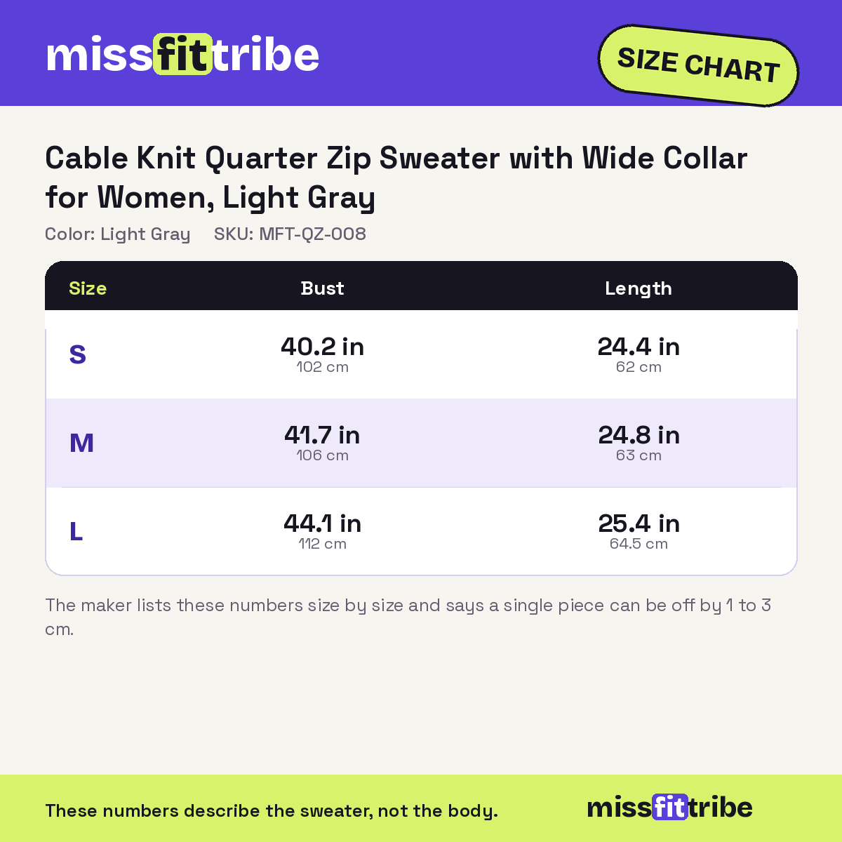 MissFitTribe Cable Knit Quarter Zip Sweater with Wide Collar for Women, Light Gray (photo 11)
